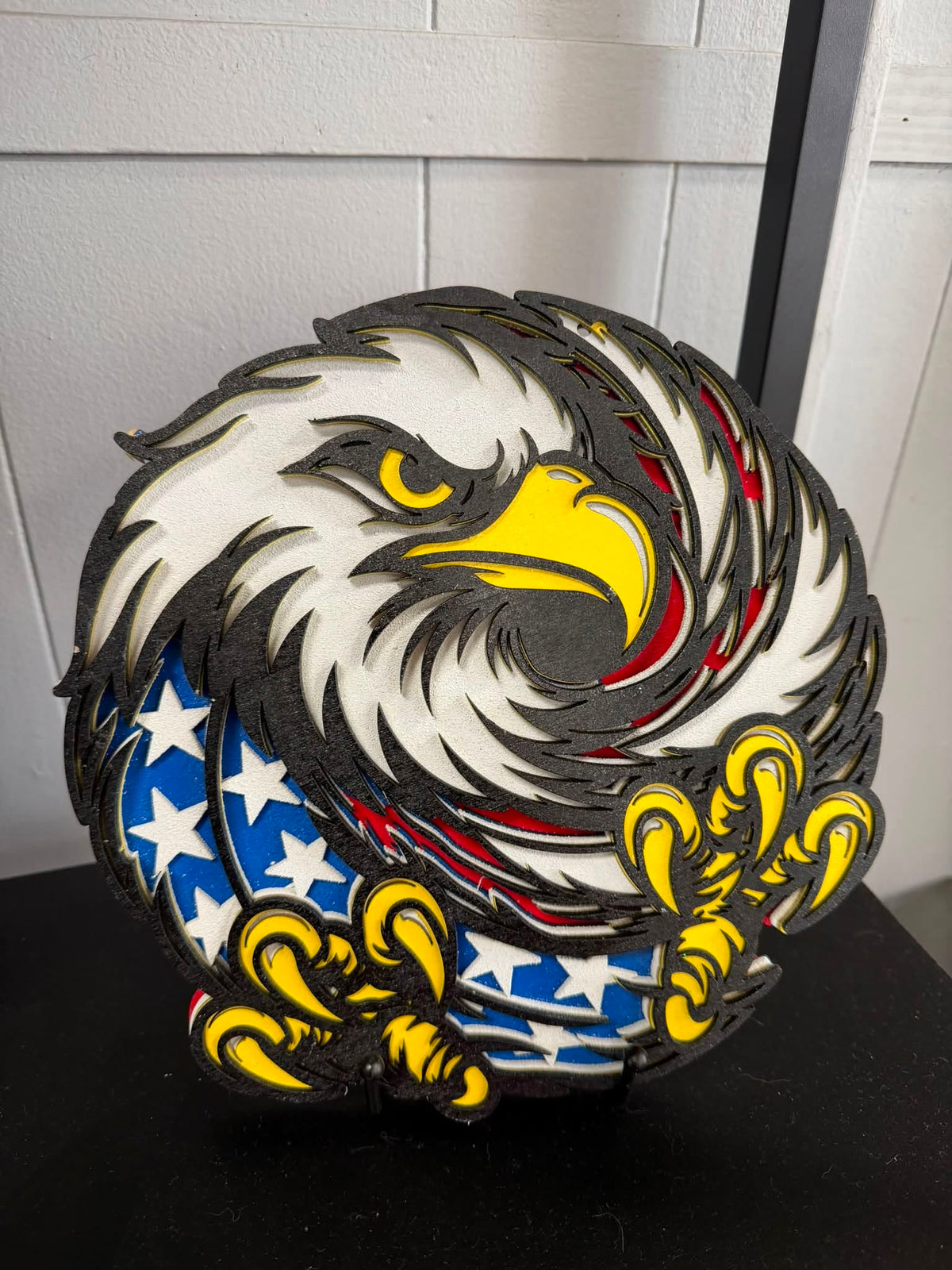 Patriotic Bald Eagle Layered Wood Decor – 7" Handmade American Flag Eagle