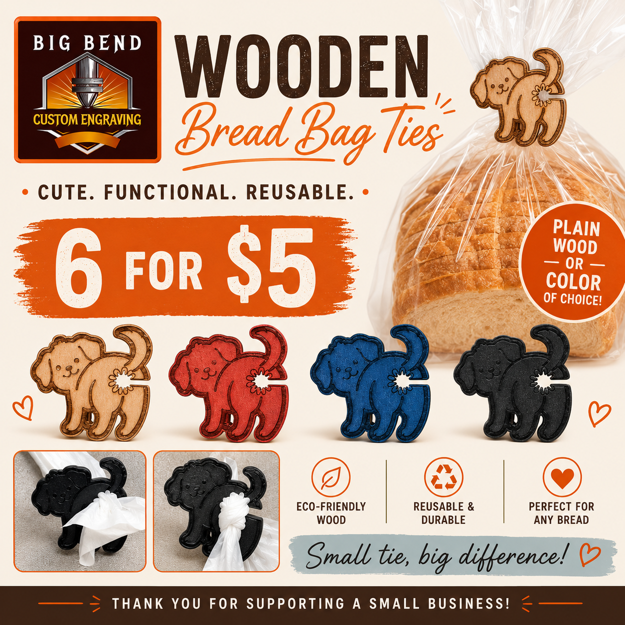 Custom Wooden Bread Bag Ties – Reusable Bag Closures | 6 for $5